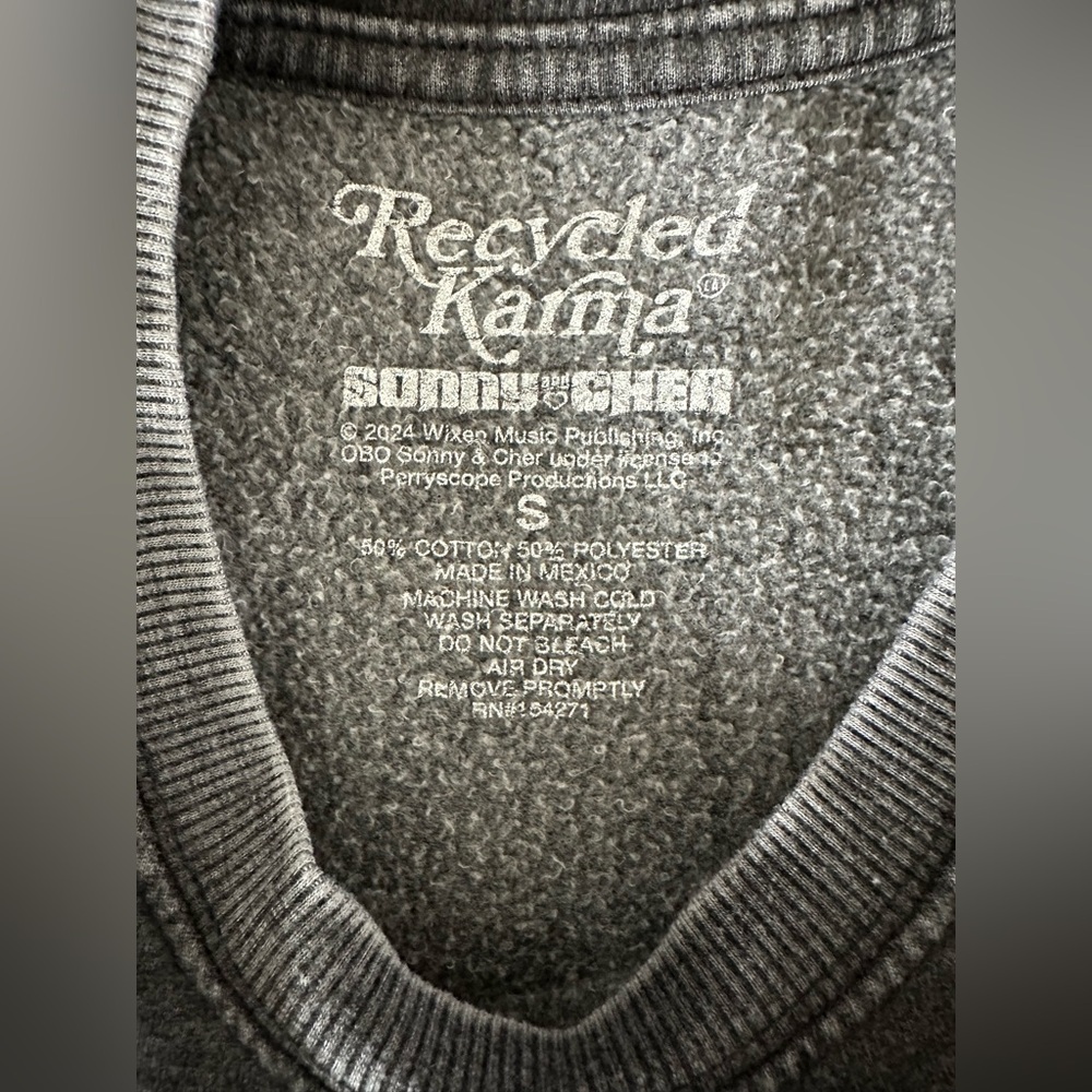 Recycled Karma Grey Burnout Sonny and Cher crewneck Sweatshirt Size Small - Picture 7 of 12